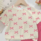 Summer Cool Comfortable Casual Set for Girls Pink Bow Printed Short Sleeve Shorts Suit for Toddlers & Children
