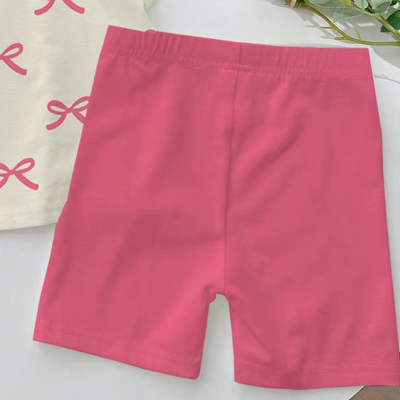 Summer Cool Comfortable Casual Set for Girls Pink Bow Printed Short Sleeve Shorts Suit for Toddlers & Children