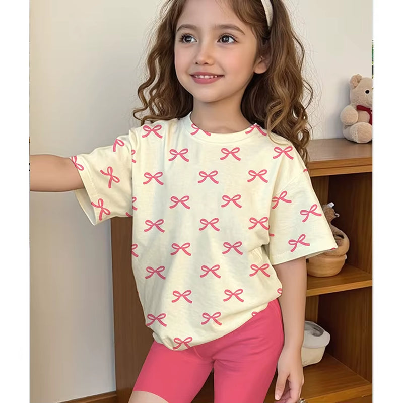 Summer Cool Comfortable Casual Set for Girls Pink Bow Printed Short Sleeve Shorts Suit for Toddlers & Children