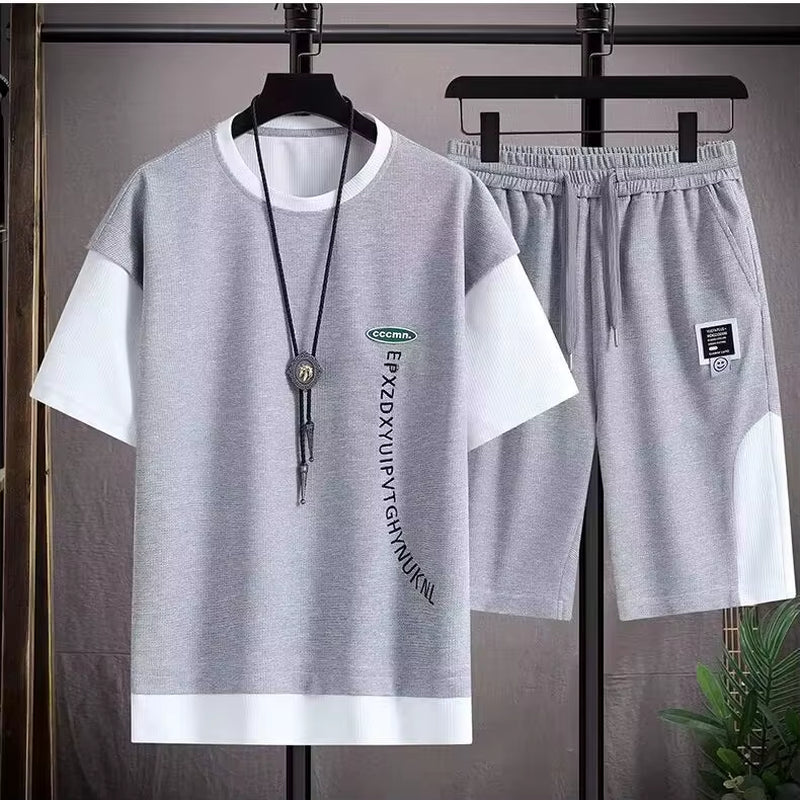 Summer Two-Piece Basketball Jersey Set Sports Suit Men'S Loose Fit Knitted Short Sleeve Casual T-Shirt