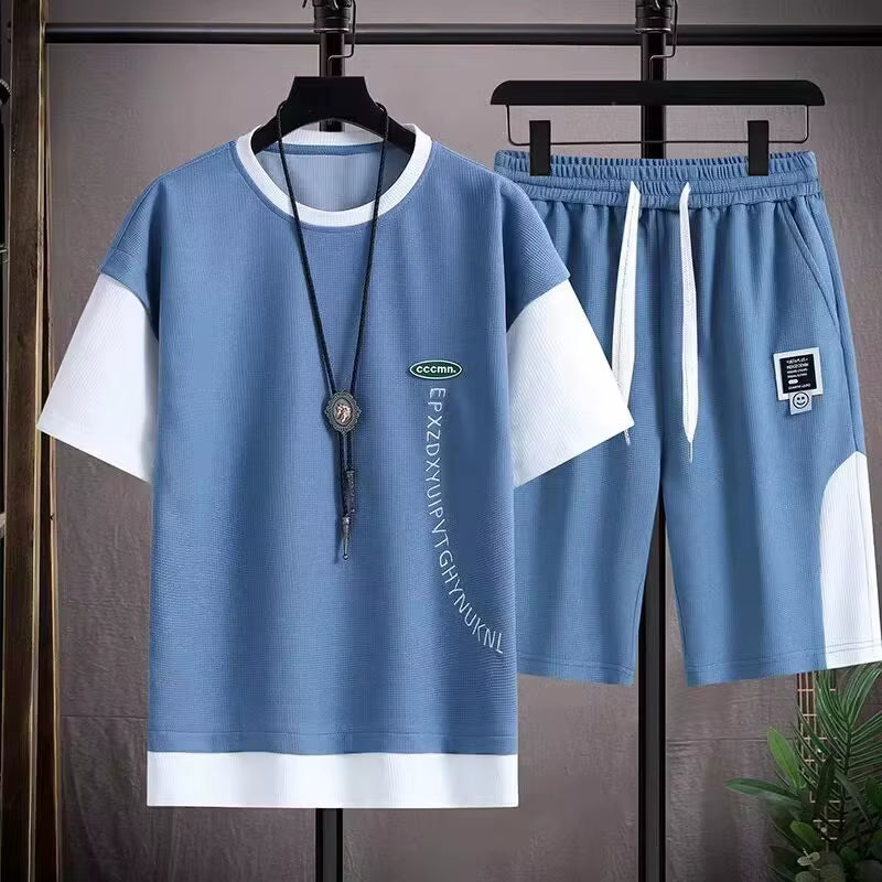 Summer Two-Piece Basketball Jersey Set Sports Suit Men'S Loose Fit Knitted Short Sleeve Casual T-Shirt
