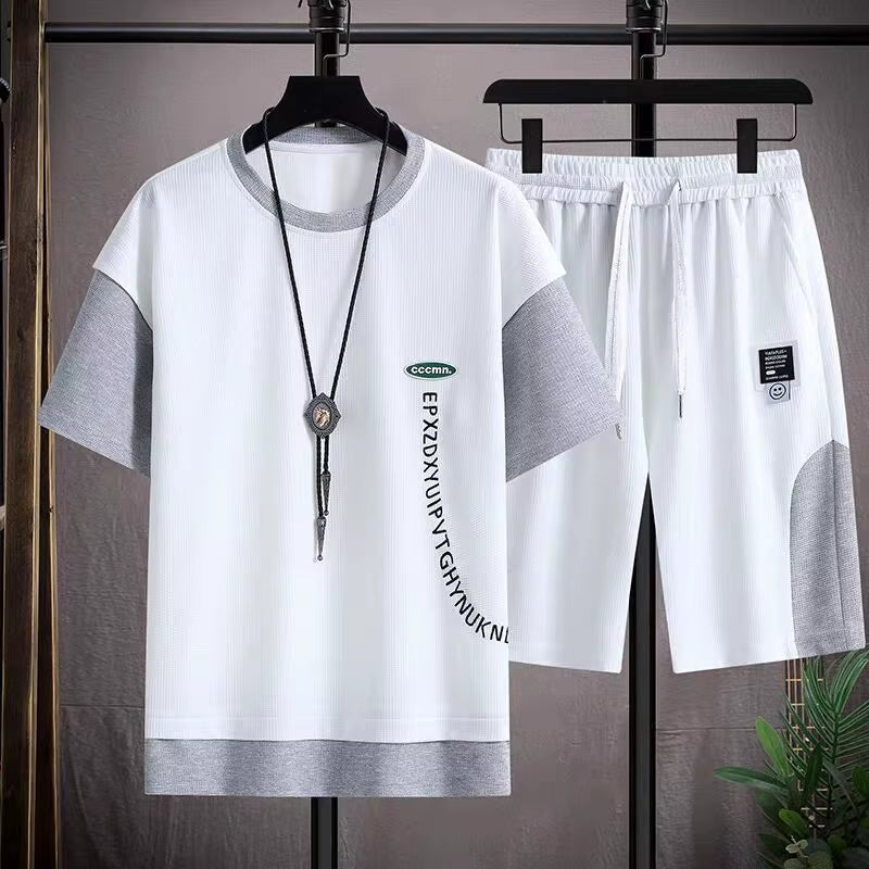 Summer Two-Piece Basketball Jersey Set Sports Suit Men'S Loose Fit Knitted Short Sleeve Casual T-Shirt